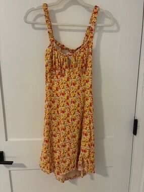 Nordstrom Yellow Floral Midi Dress with Red & Cream Accents